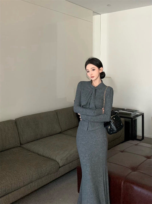 Feb. 氣質雅模 赫本領排扣針織外套半身裙套裝 灰