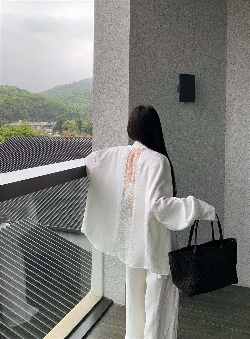 Jun. 100萦麻outfits系列 多版設計涼爽蕾絲拼袖襯衫 抽繩休閒褲 米色