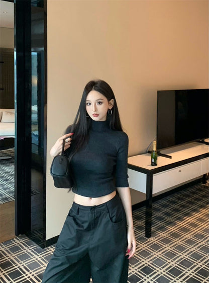 25Nov. 休閒酷妹美式高領上衣 黑色口袋闊腿工裝褲