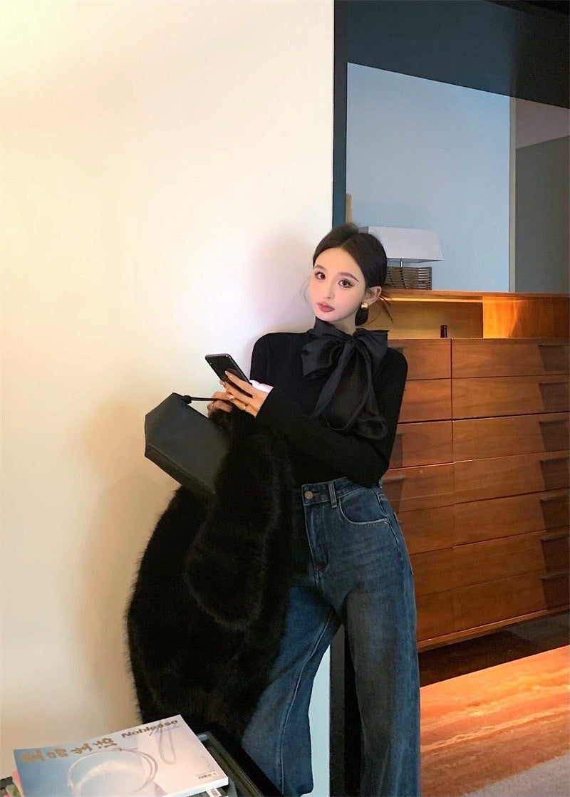 Feb. 內搭高手 綁帶蝴蝶領純色長袖上衣 黑