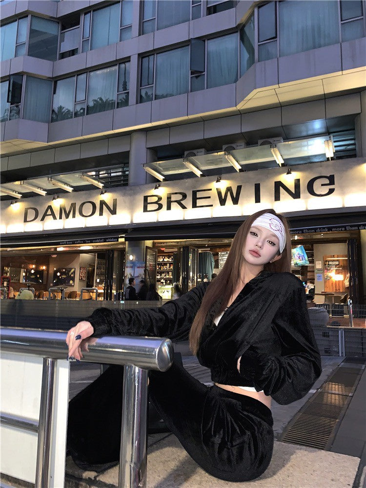 May. 復古disco 休閒黑色絲絨連帽外套 微喇叭休閒褲