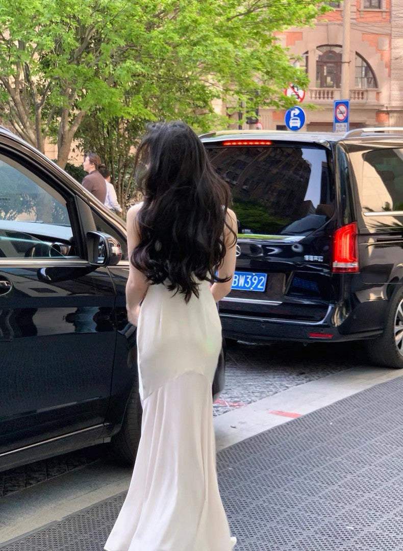 26Apr. 古希臘女神高級拼接魚尾緞面裙 杏白