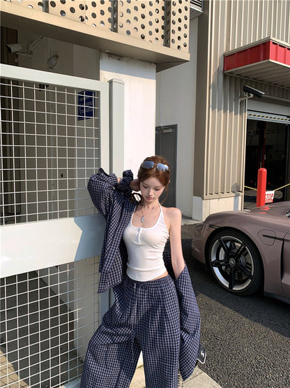 Jun. 奶藍泡芙休閒輕氧格紋襯衫 同花紋休閒褲 深藍格紋
