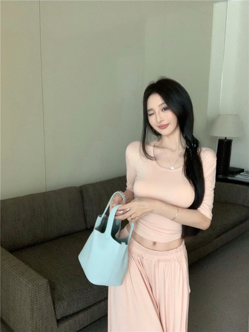 Jun. 溫柔小姊姊U領顯瘦鬆緊垂墜休閒褲套裝 肉粉色