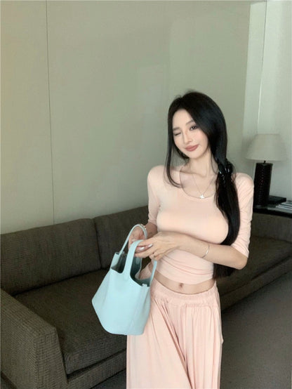 Jun. 溫柔小姊姊U領顯瘦鬆緊垂墜休閒褲套裝 肉粉色