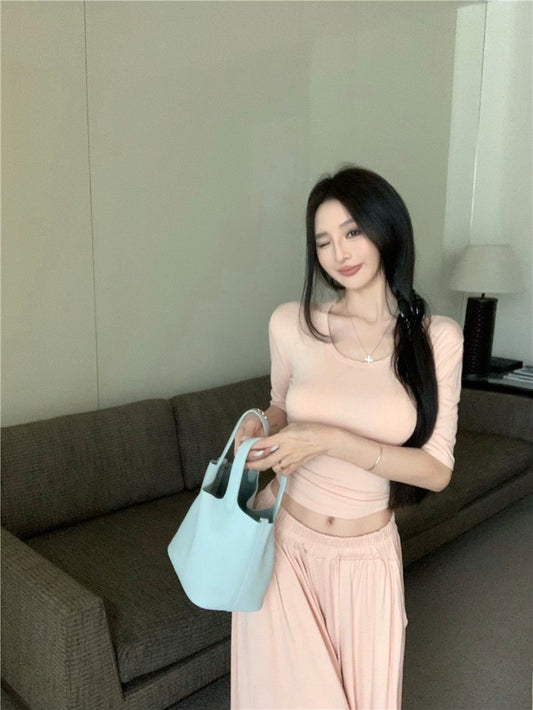 Jun. 溫柔小姊姊U領顯瘦鬆緊垂墜休閒褲套裝 肉粉色