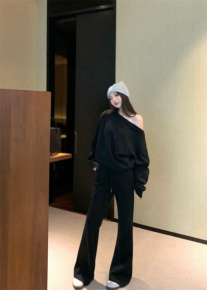 25Jul. 美式時髦穿 休閒純色上衣喇叭褲套裝 黑