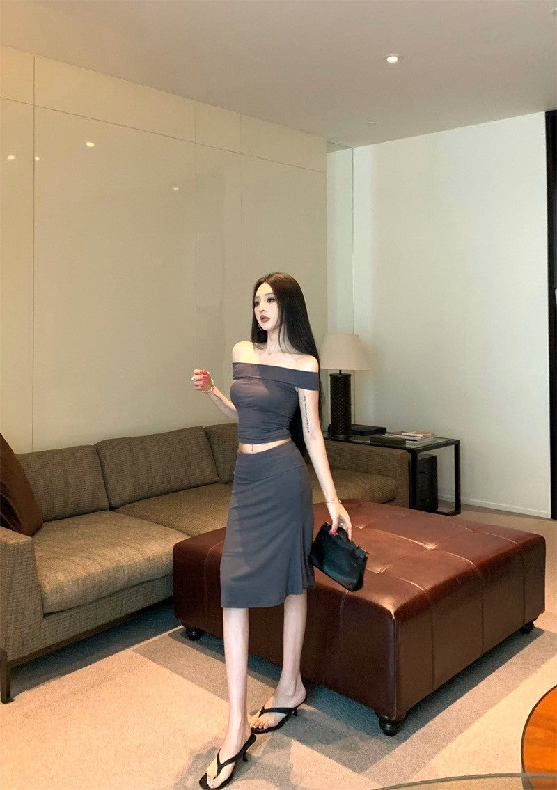 25Sep. 輕熟御姐一字領七分裙套裝 灰