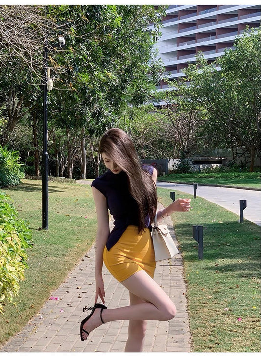 May. 黃金比例 春夏招財黃顯瘦半身裙 氣質半高領上衣