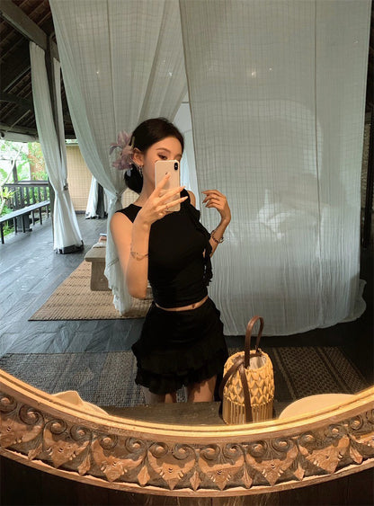 May. 歐美俏皮妞 垂墜荷葉背心半身裙套裝 黑