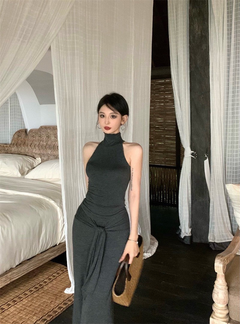 Apr. 清冷高雅簡約純色削肩背心 綁帶半身裙套裝 灰