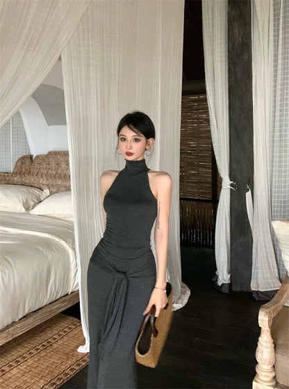 Apr. 清冷高雅簡約純色削肩背心 綁帶半身裙套裝 灰