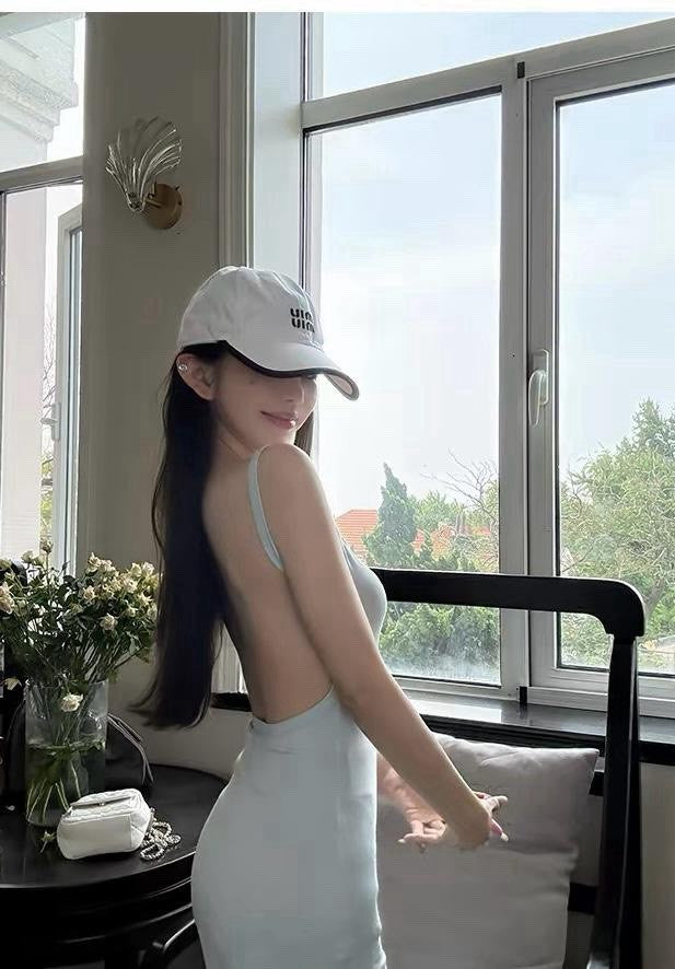 26Jul. 歐美控懶人裙挖背修身連身裙 淡藍/黑