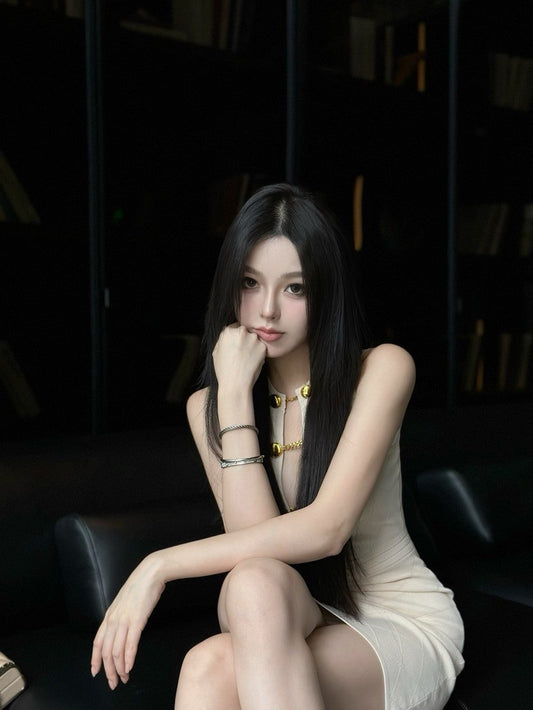 Sep. 性感雙排扣縷空針織包臀裙 白