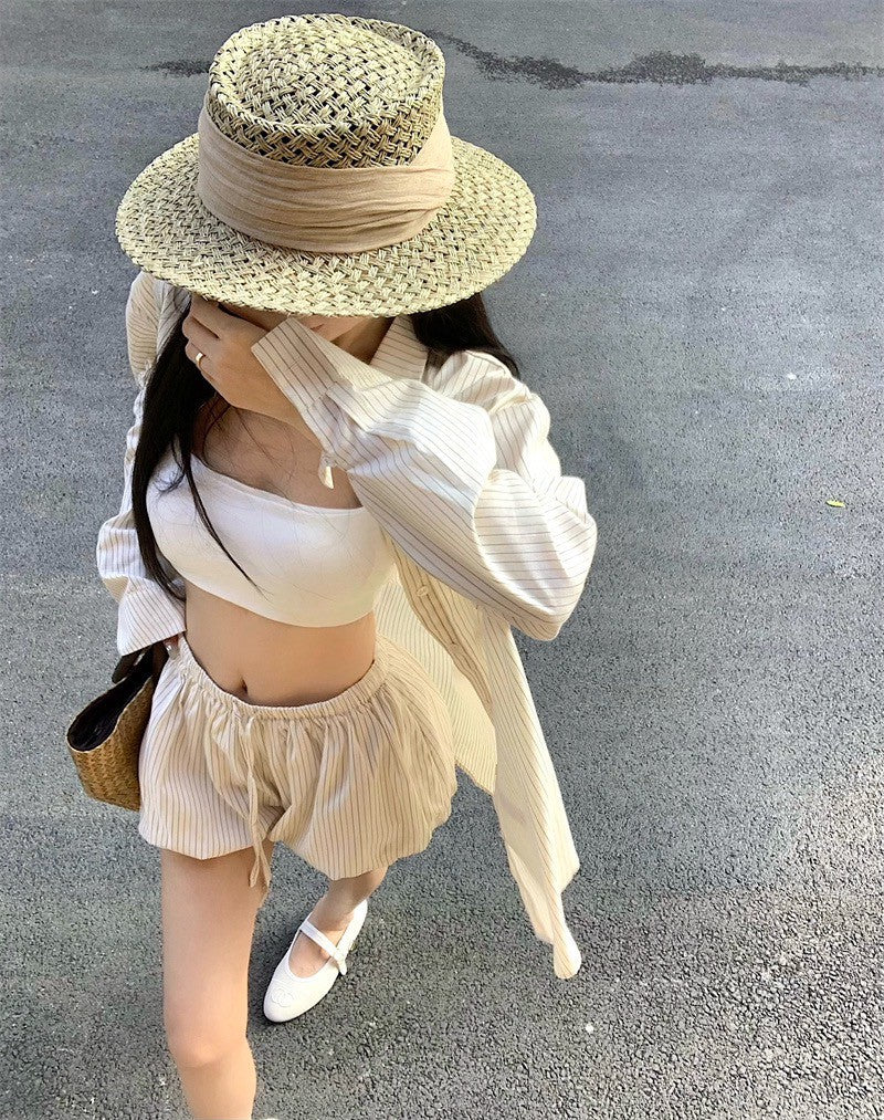 25Aug. 浮島甜心豎條老錢襯衫花苞短褲套裝 杏