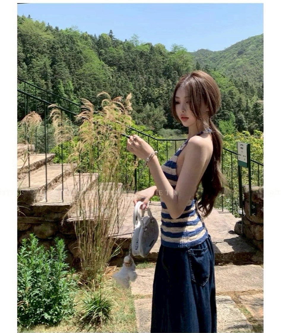 Jun. 海鹽涼風 冰沙紗線露背拼色針織背心