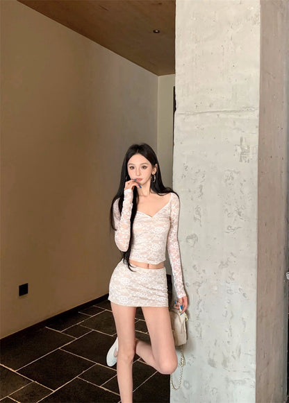 26Jun. 純慾杏色蕾絲緹花低腰半身裙套裝