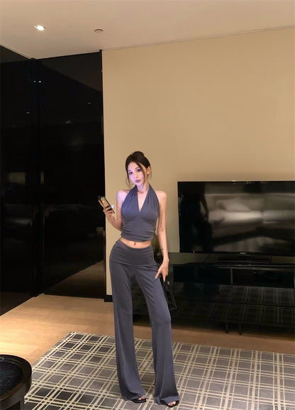 25Jul. 復古辣妹 掛脖V領收腰背心反折休閒褲套裝 藍