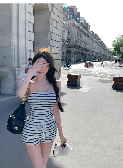 25Aug. 法香特殊織機紡藝條紋抹胸短褲套裝