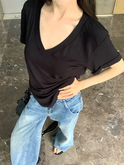 Mar. 基礎V領素顏T 寬鬆休閒短袖上衣 黑/白