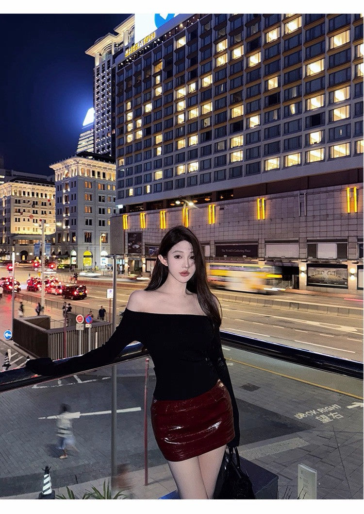 25Dec. 純慾特調 冬款豎坑高彈一字領上衣 白/黑