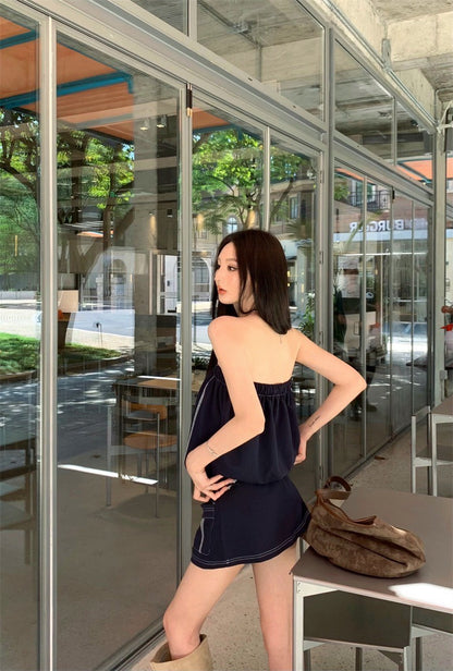 25Aug. 女團人物鬆緊撞色抹胸收腰連身裙 藍