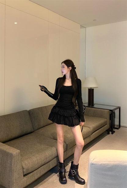 Jun. 奶椰泡泡 薄款芭蕾風打底上衣 花苞半身裙 黑