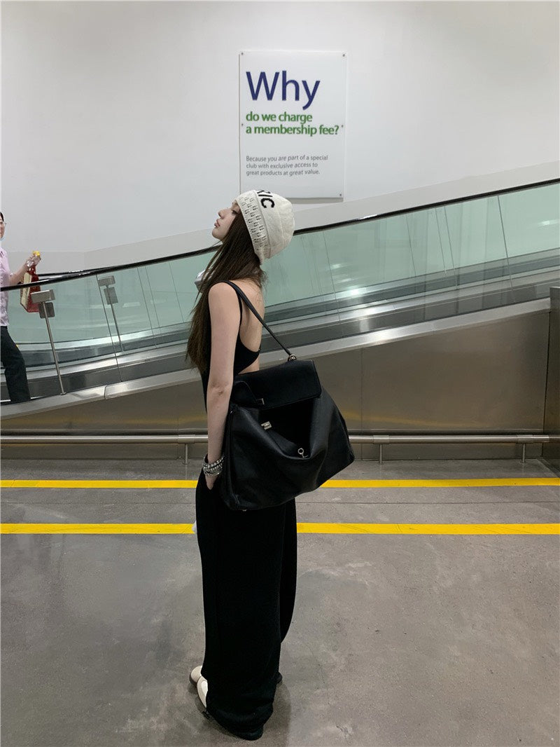 Jun. 歐美辣妹top高腰連體背心 鬆緊休閒褲 黑