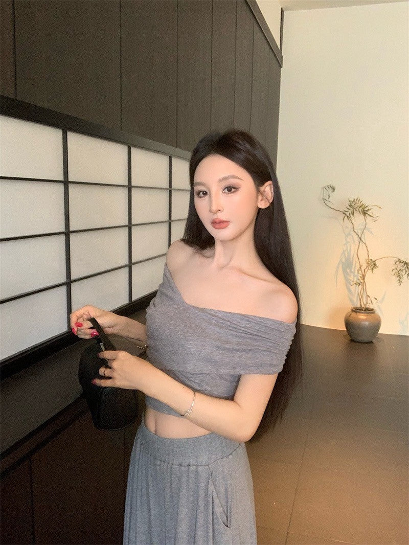 25Sep. 中古氣質交叉設計上衣棉料半身裙套裝 灰