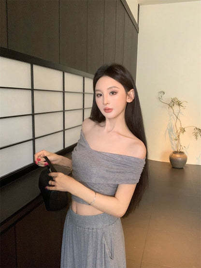 25Sep. 中古氣質交叉設計上衣棉料半身裙套裝 灰