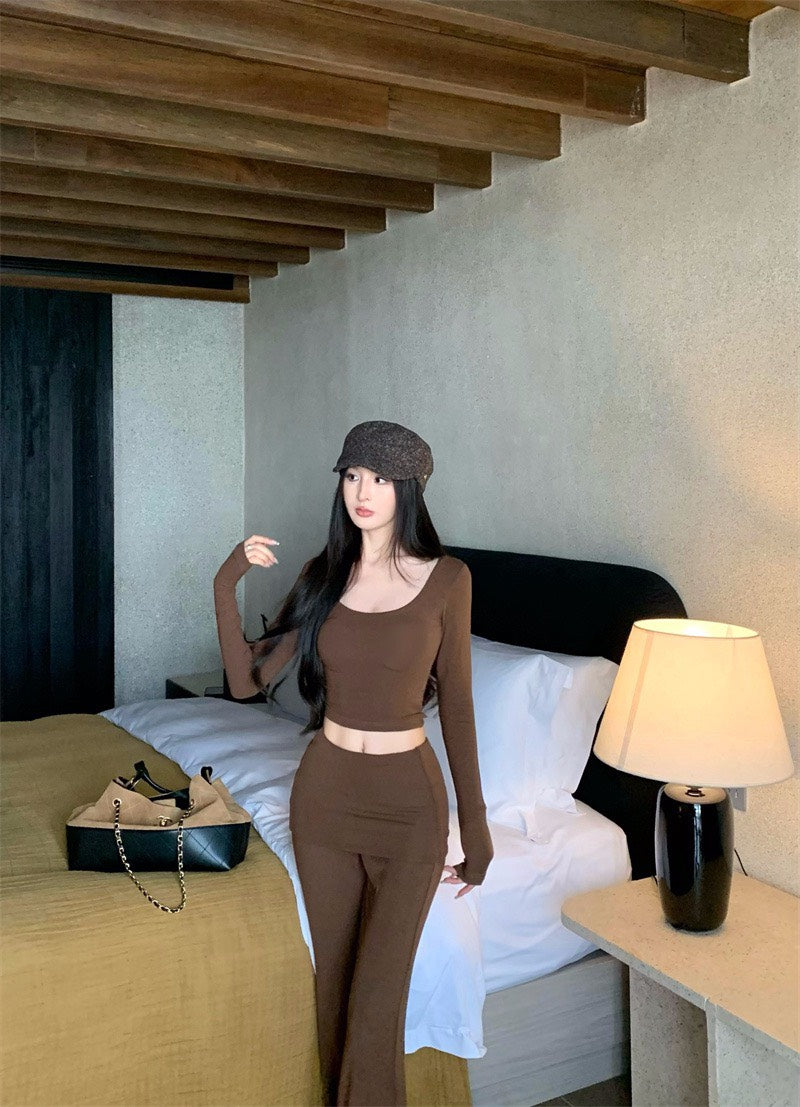 25Nov. 辣妹瑜伽私服 防走光雙層高腰休閒褲套裝 杏/咖