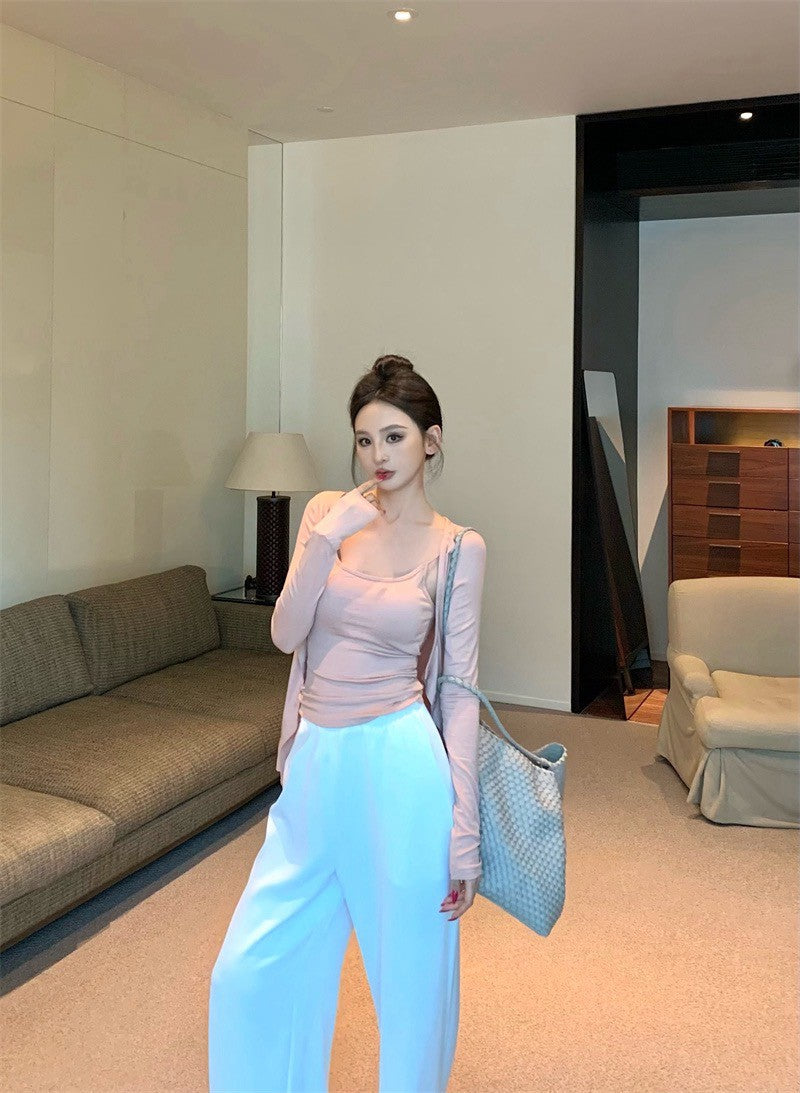 25Sep. 溫柔outfit背心開衫2件組（粉）白色休閒褲