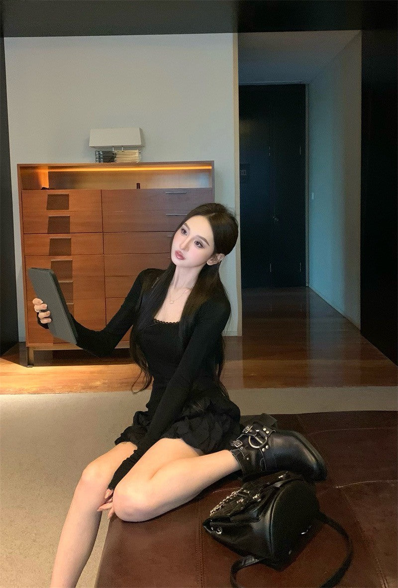 Jun. 奶椰泡泡 薄款芭蕾風打底上衣 花苞半身裙 黑