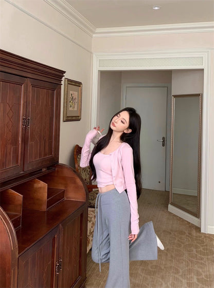 25Nov. 運動休閒搭一套上衣2件組 粉 顯瘦抽繩休閒褲 淺灰