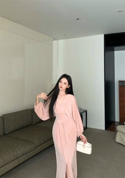 25Aug. 美的很輕鬆氛圍感收腰燈籠袖連身裙 粉/黑