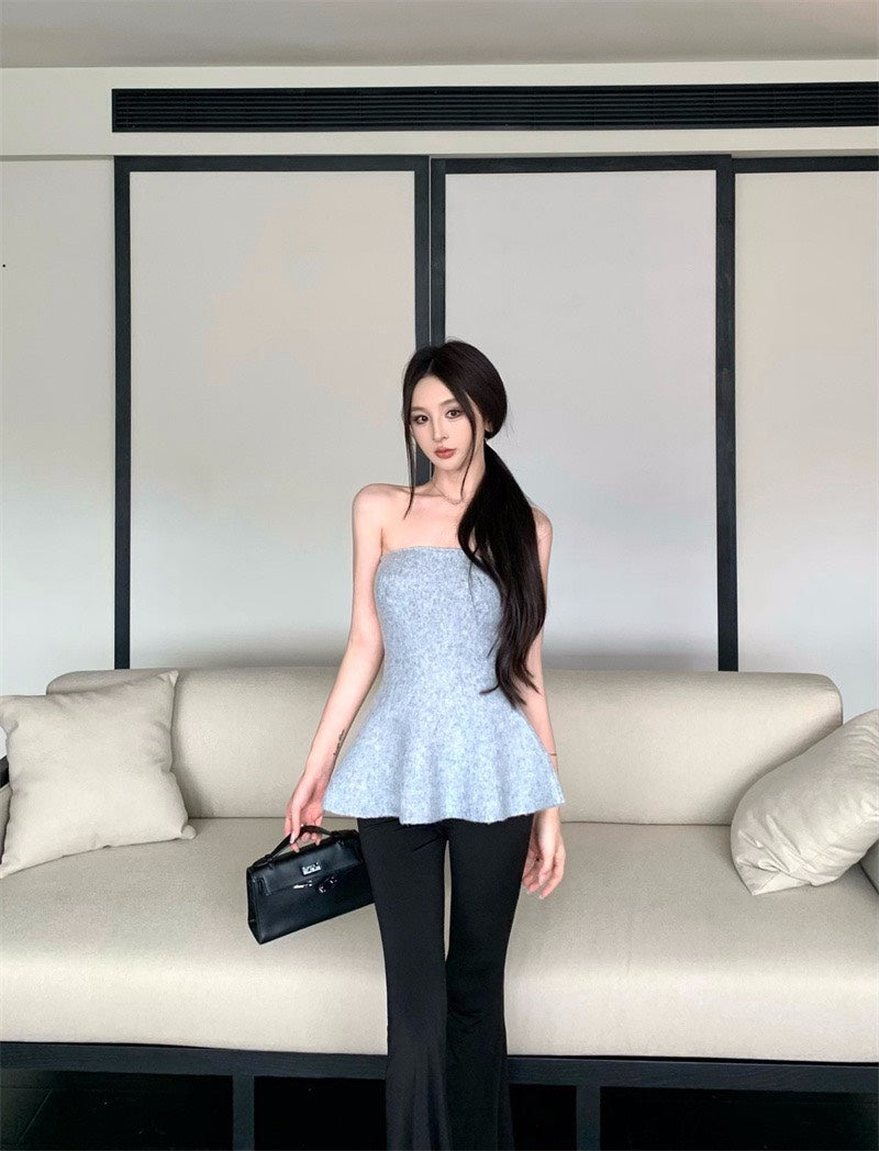 25Nov. 曲線奧斯氣質針織花瓣抹胸 灰