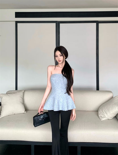 25Nov. 曲線奧斯氣質針織花瓣抹胸 灰