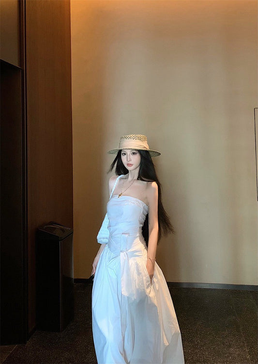 25Sep. 知性哲學抹胸襯衫料繫帶連身裙 白