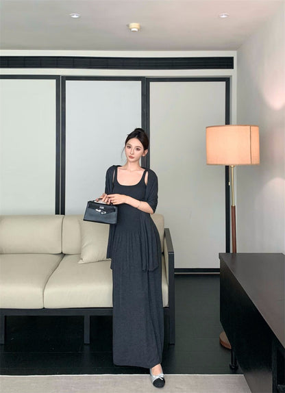 25Nov. 漫舞華爾滋 氣質針織U領連身裙披肩套裝 咖杏/灰