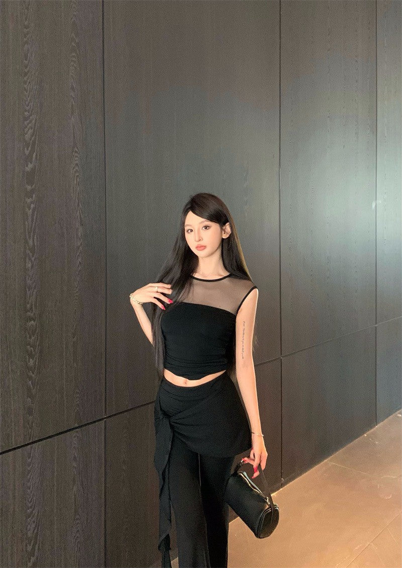 25Aug. 古典視覺網紗拼接上衣綁帶休閒褲套裝 黑色