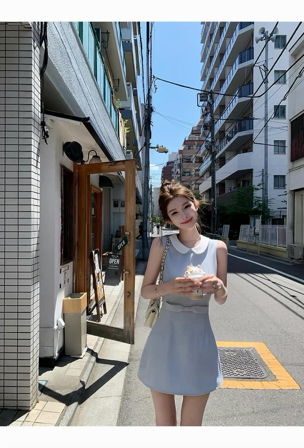 26Jul. 溫沙小姐TR斜紋收腰娃娃領背心裙 杏/藍