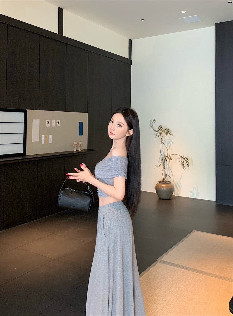 25Sep. 中古氣質交叉設計上衣棉料半身裙套裝 灰