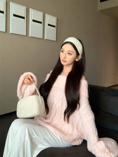 25Dec. Romantic慵懶純慾vibe一字領麻花針織上衣 粉/灰