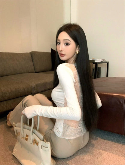 Jan. 辣妹性感露背蕾絲U領上衣 米白