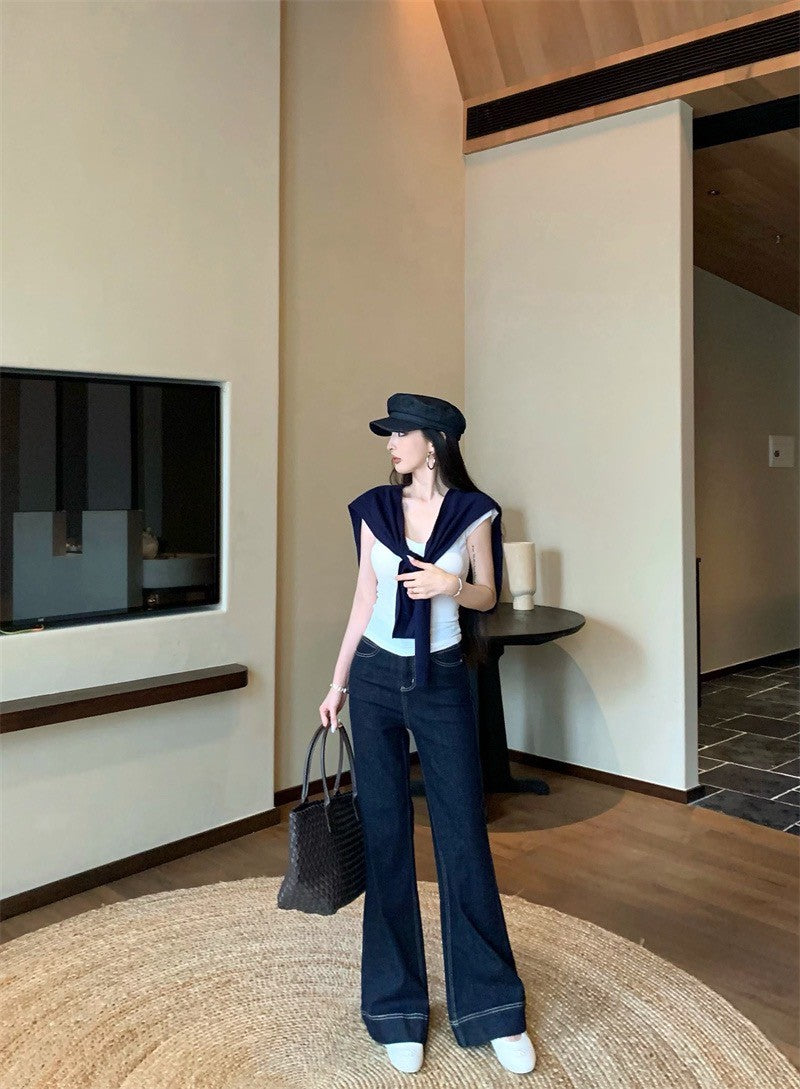 Jun. 時髦牛仔原色顯瘦喇叭褲 簡約藍色披肩