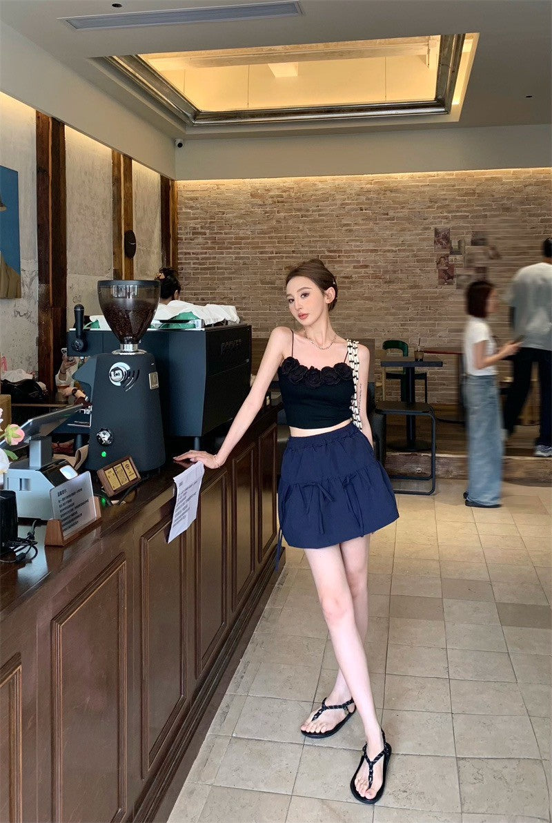 May. 梨花洋溢 俏皮立體花朵背心 粉/黑 顯瘦藍色A字裙