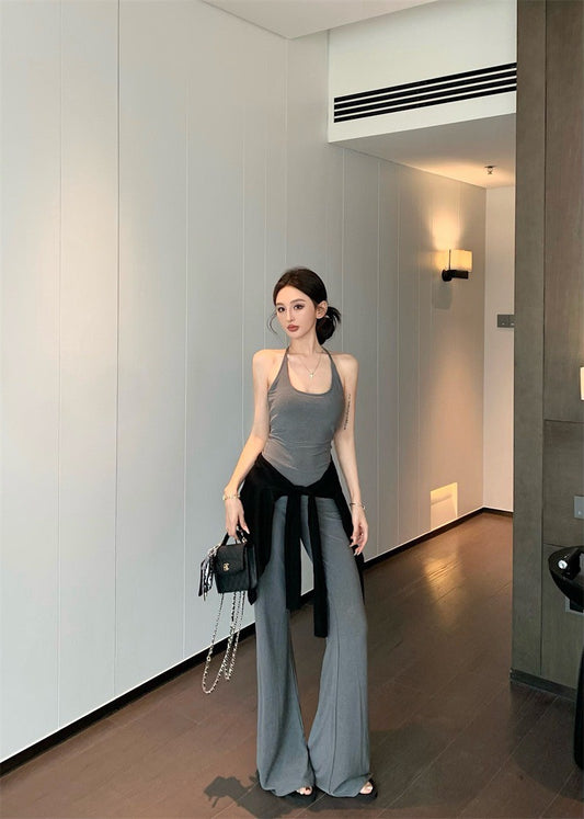 May. Lulu休閒垂垂 美式修身背心休閒褲套裝 黑/灰 黑色開衫