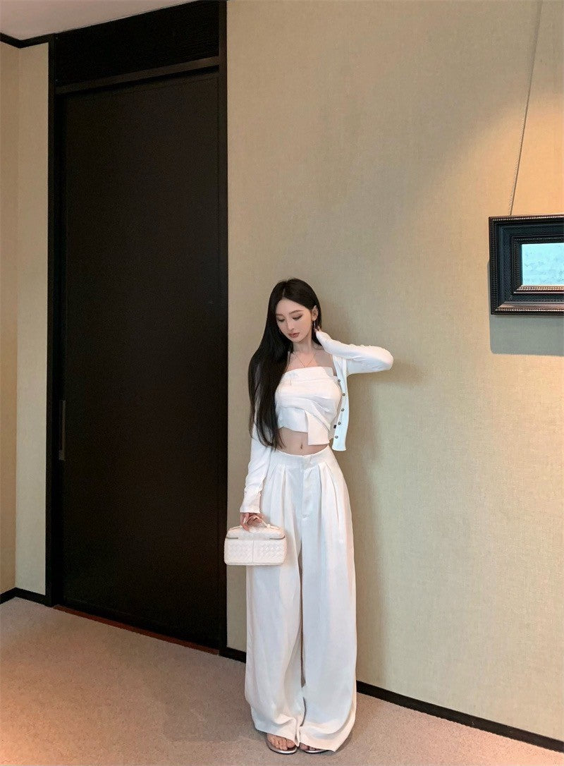 Jun. Origin 自然老錢 不規則抹胸高腰闊腿褲套裝 杏