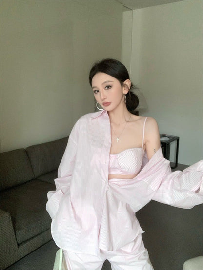 Jun. 慵懶霧透簡約條紋輕氧夏日3件套 粉