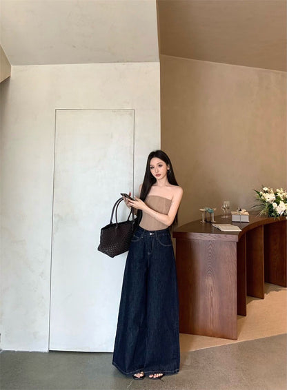 Jun. 古典攻略 魚骨曲線修身抹胸 卡 遮胯寬顯瘦高腰牛仔褲